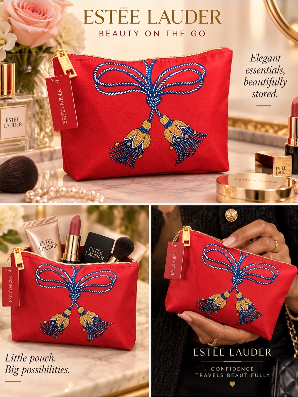 Estee Lauder Red Cosmetic Pouch with Blue & Gold Embroidery